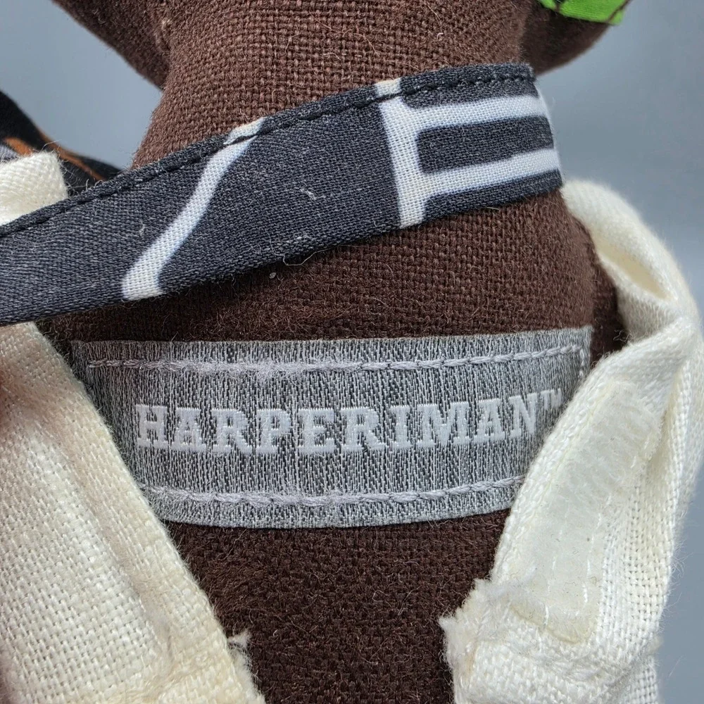 HarperIman Rag Doll Small Brown Linen Jumpsuit Headwrap Plush Toy Decor